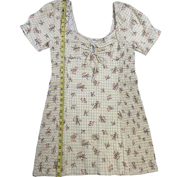 RVCA Dress Gretel Golden Floral Yellow Keyhole Tie Smocked Sides Cotton Mini - Picture 12 of 12